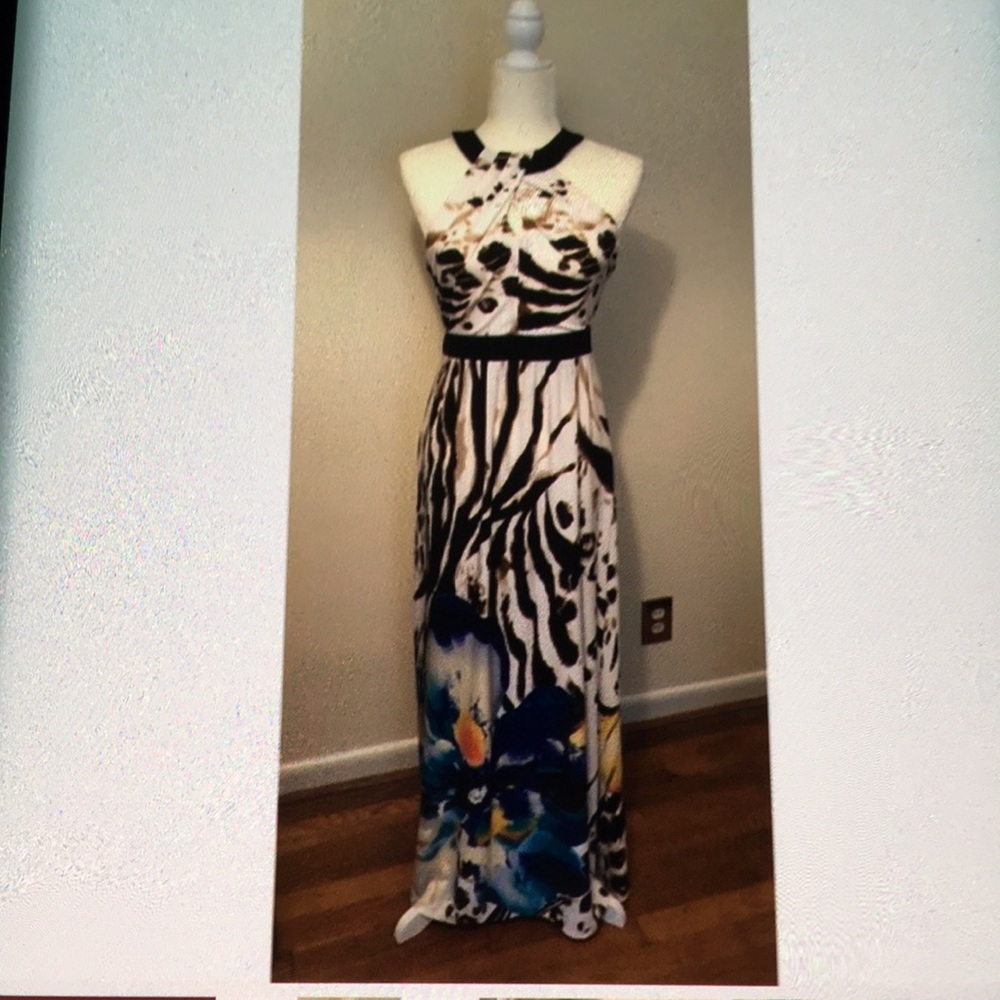 Bisou Bisou White Black Maxi Dress with Blue Floral Accents